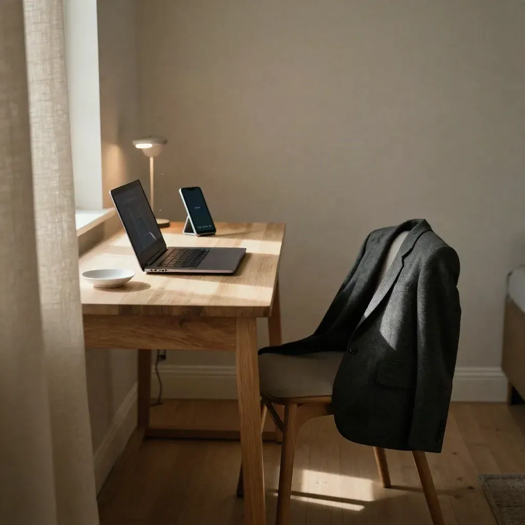 Stille studeerhoek met gesloten laptop, telefoon op standaard en blazer over stoel.