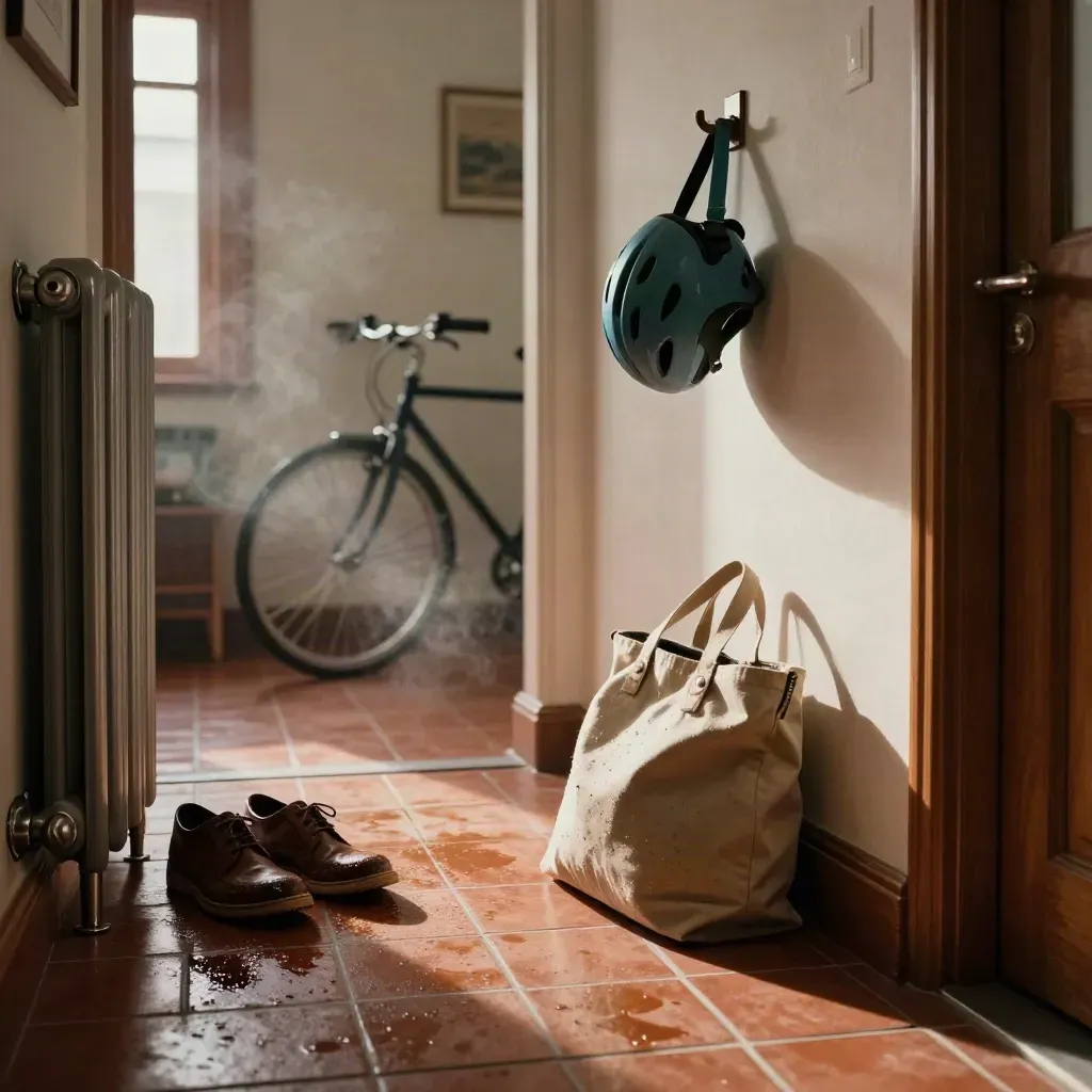 Hal van appartement met natte schoenen, fietshelm, tote bag en radiator in warm avondlicht.
