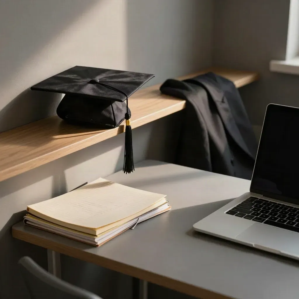Bovenaanzicht van een studeerhoek met afstudeerhoed, notitieboekstapel, blazer en gesloten laptop.