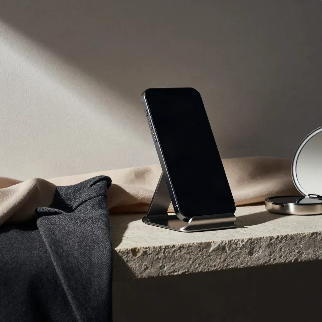 Smartphone op standaard met blazerkraag, doek en compact spiegeltje op stenen plank.